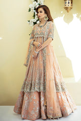 Pakistani Peach 3D Floral Net Pishwas Dress (3-Piece) - Image 2