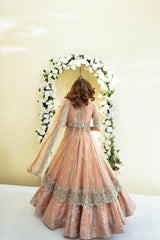 Pakistani Peach 3D Floral Net Pishwas Dress (3-Piece) - Image 3