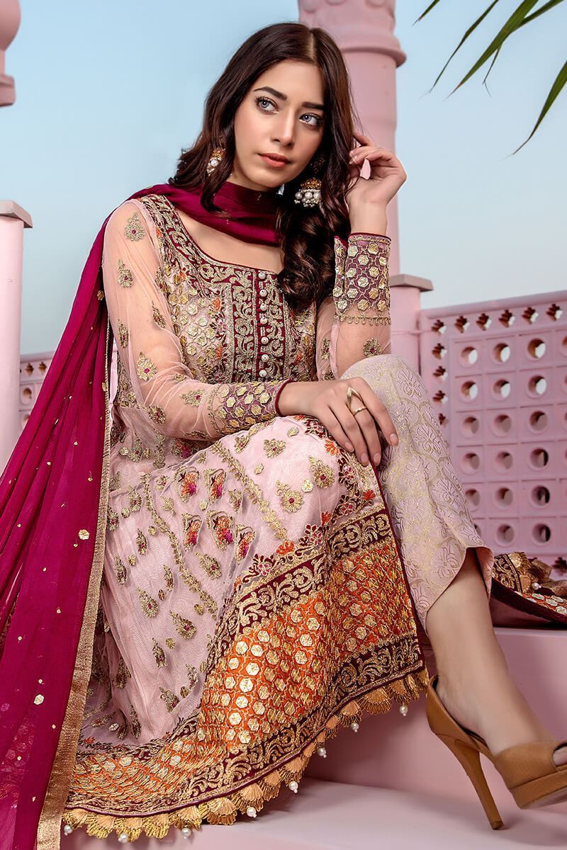 Pakistani Powder Pink Aari & Gota Net Pishwas (3-Piece) - Image 2