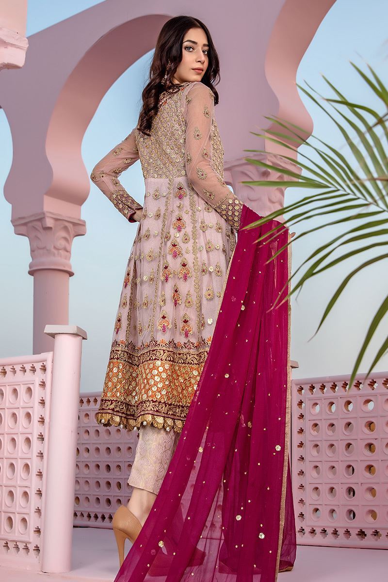 Pakistani Powder Pink Aari & Gota Net Pishwas (3-Piece) - Image 3