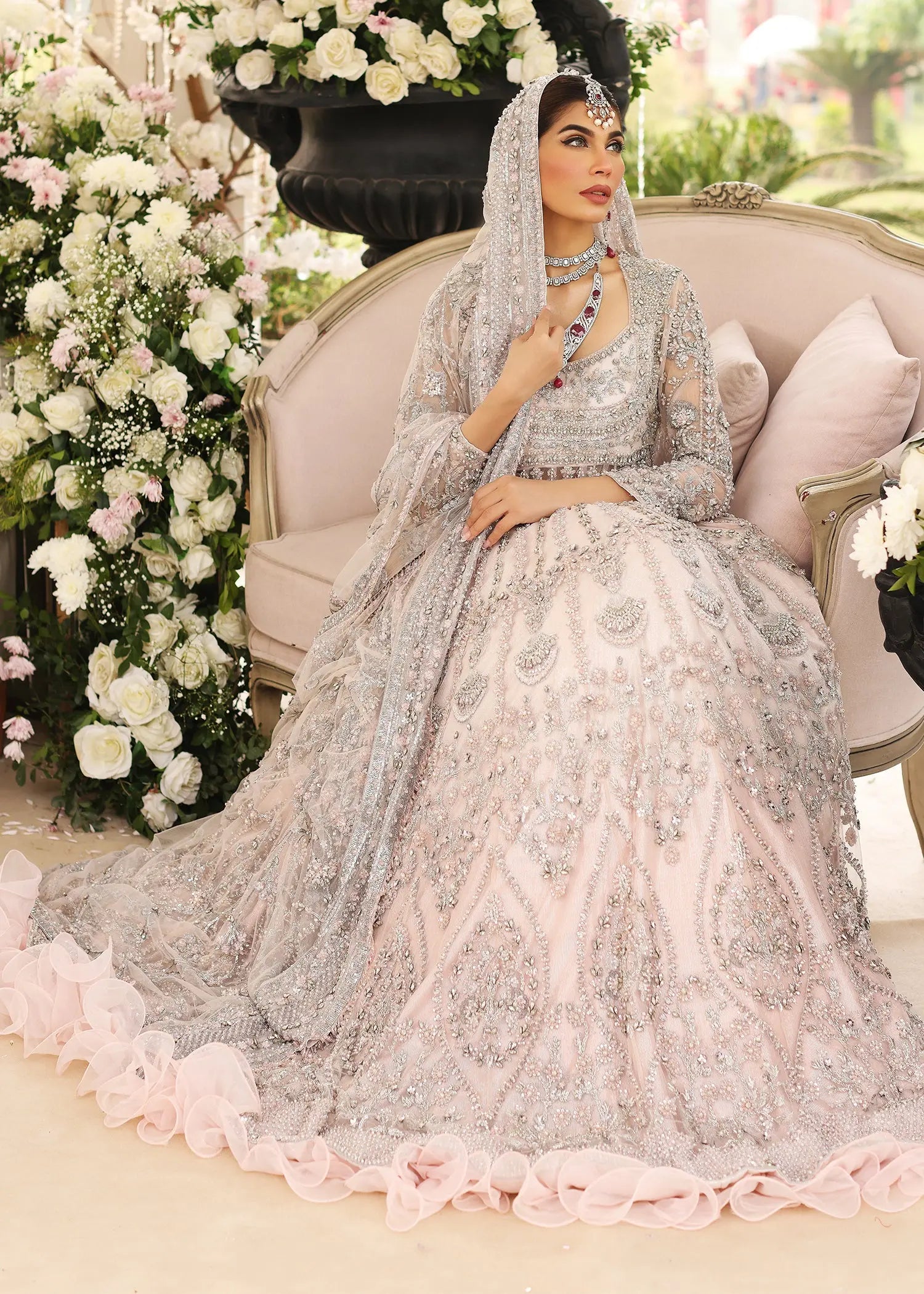 Powder Pink Embellished Net Pishwas Dress (3-Piece) - Image 10