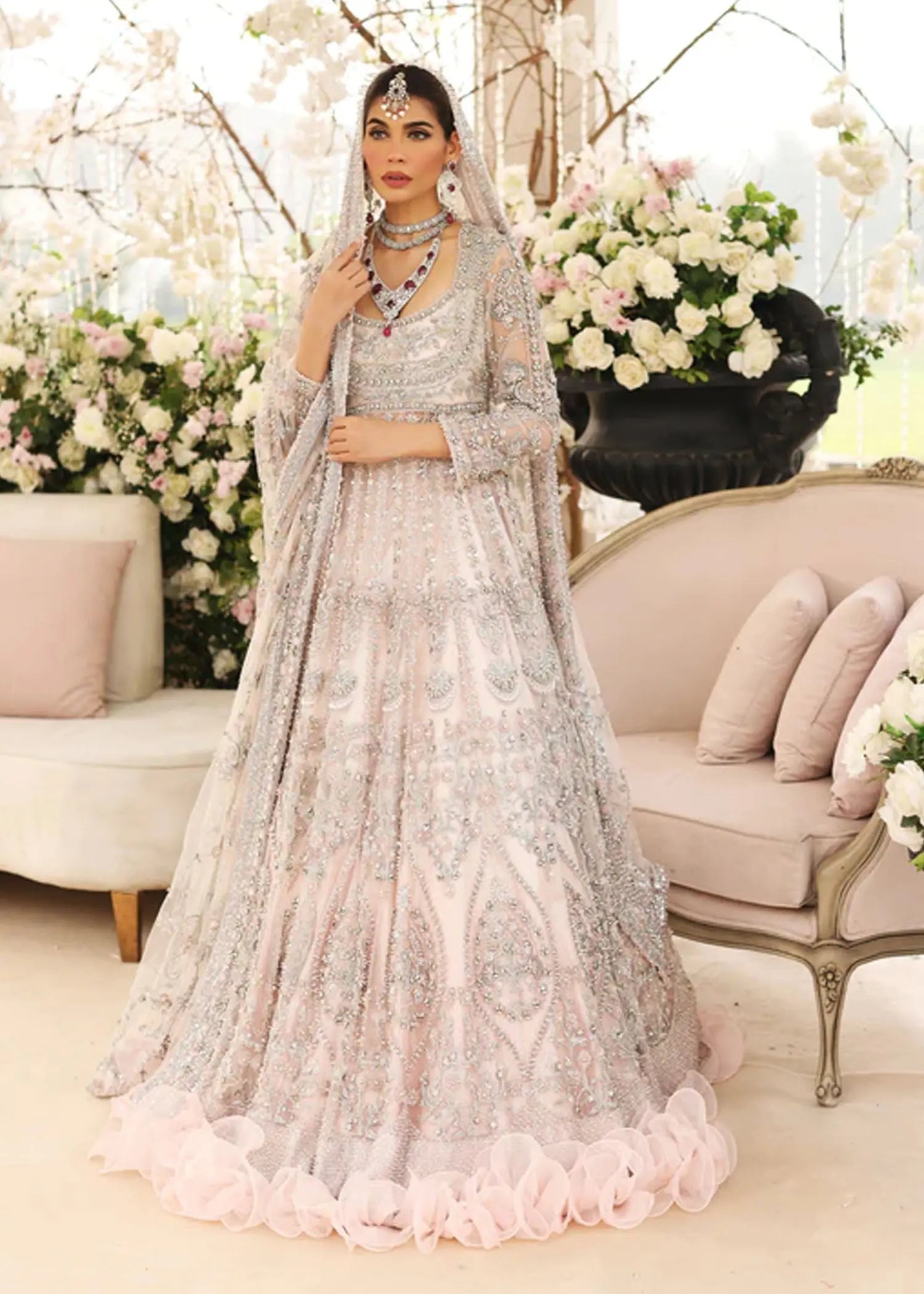 Powder Pink Embellished Net Pishwas Dress (3-Piece) - Image 2