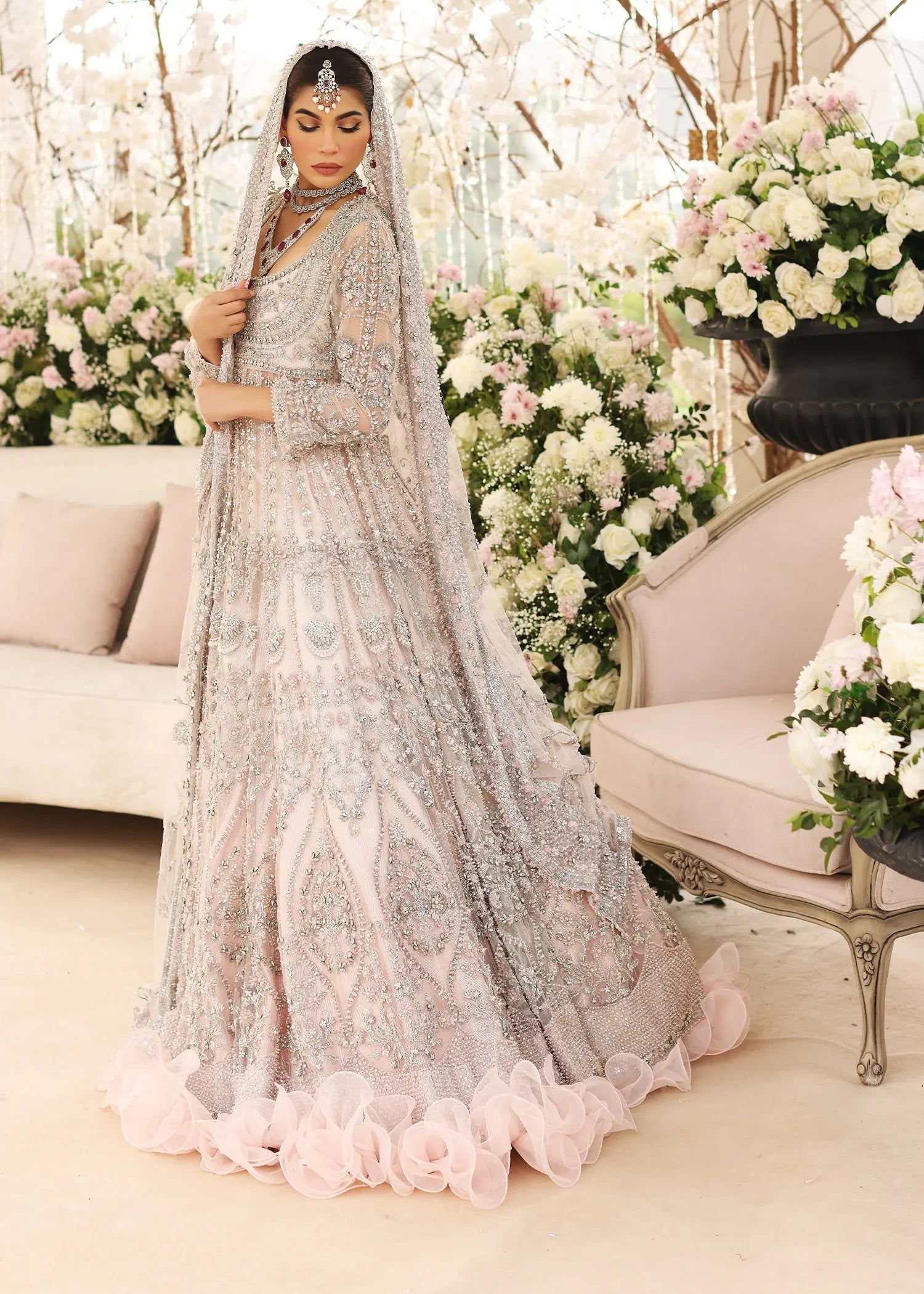 Powder Pink Embellished Net Pishwas Dress (3-Piece) - Image 3