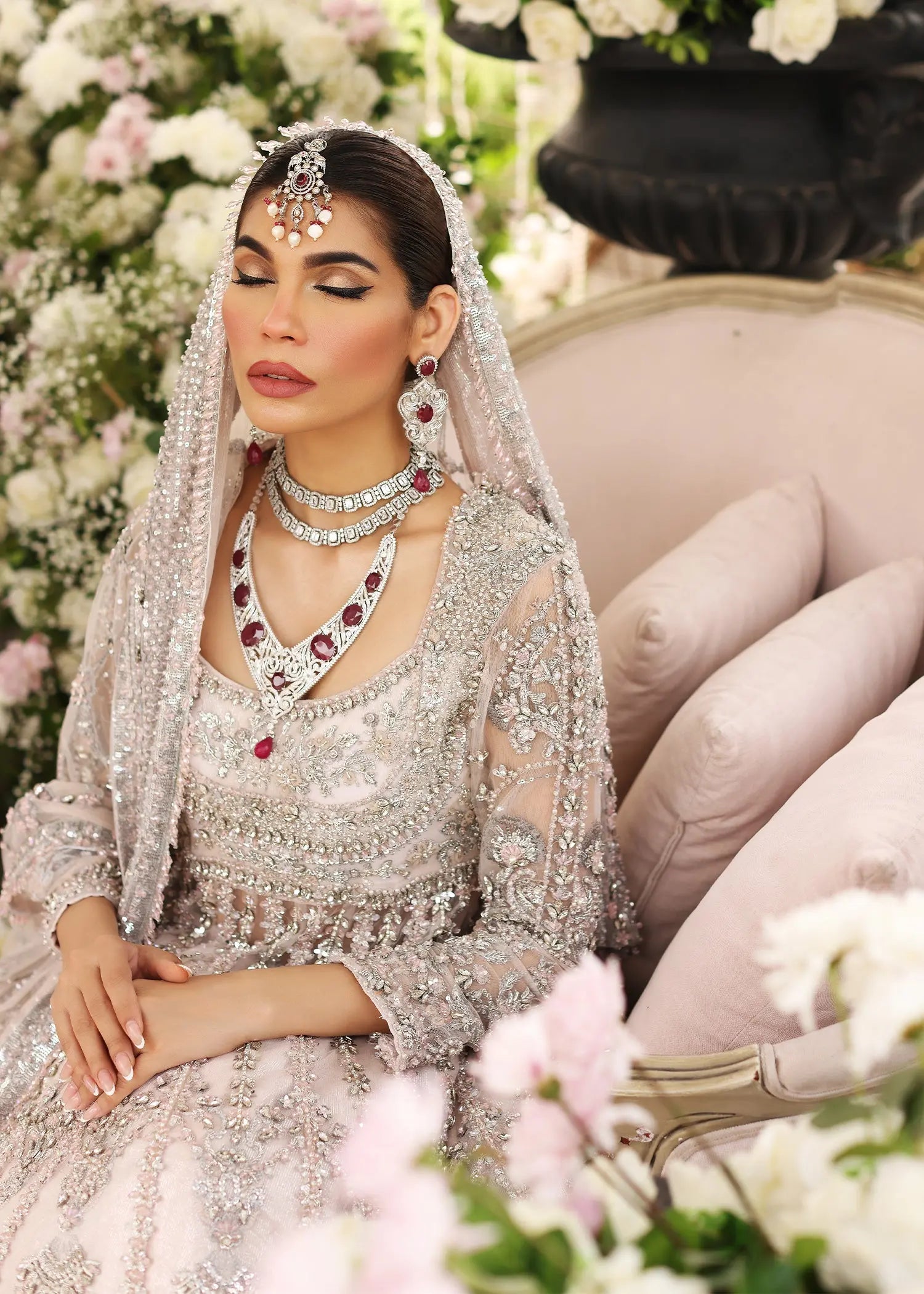 Powder Pink Embellished Net Pishwas Dress (3-Piece) - Image 4