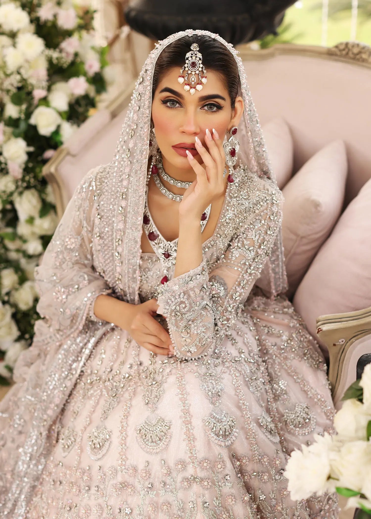 Powder Pink Embellished Net Pishwas Dress (3-Piece) - Image 5