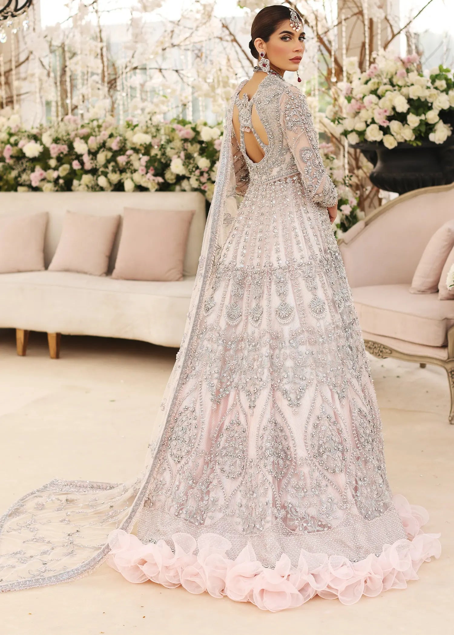 Powder Pink Embellished Net Pishwas Dress (3-Piece) - Image 6