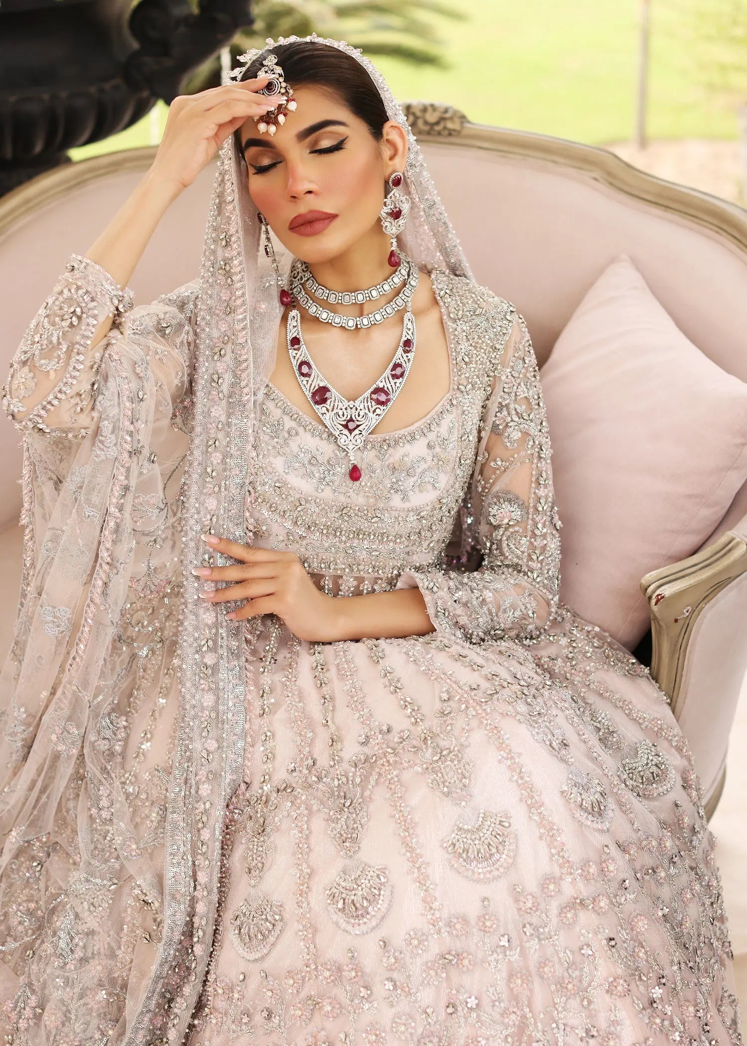 Powder Pink Embellished Net Pishwas Dress (3-Piece) - Image 7