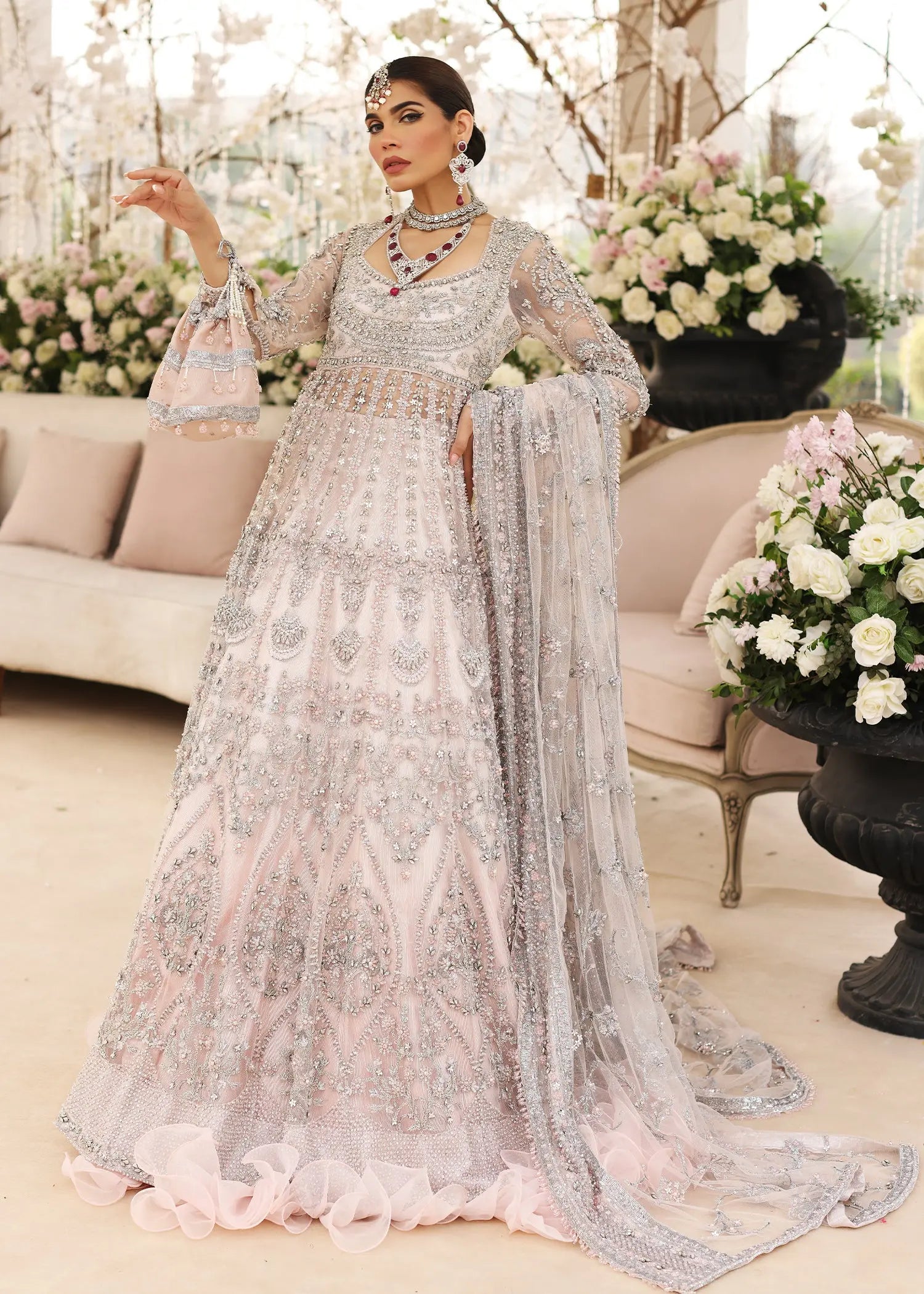 Powder Pink Embellished Net Pishwas Dress (3-Piece) - Image 8