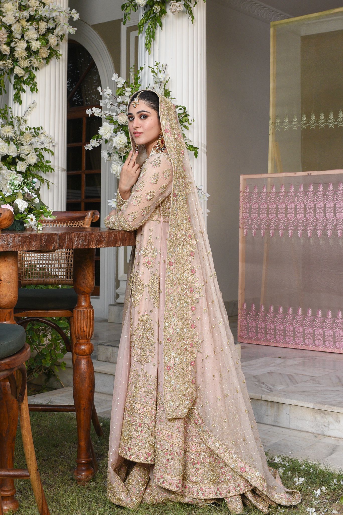 Pakistani Blush Pink Mughal Embroidered Net Silk Pishwas (2-Piece) - Image 1