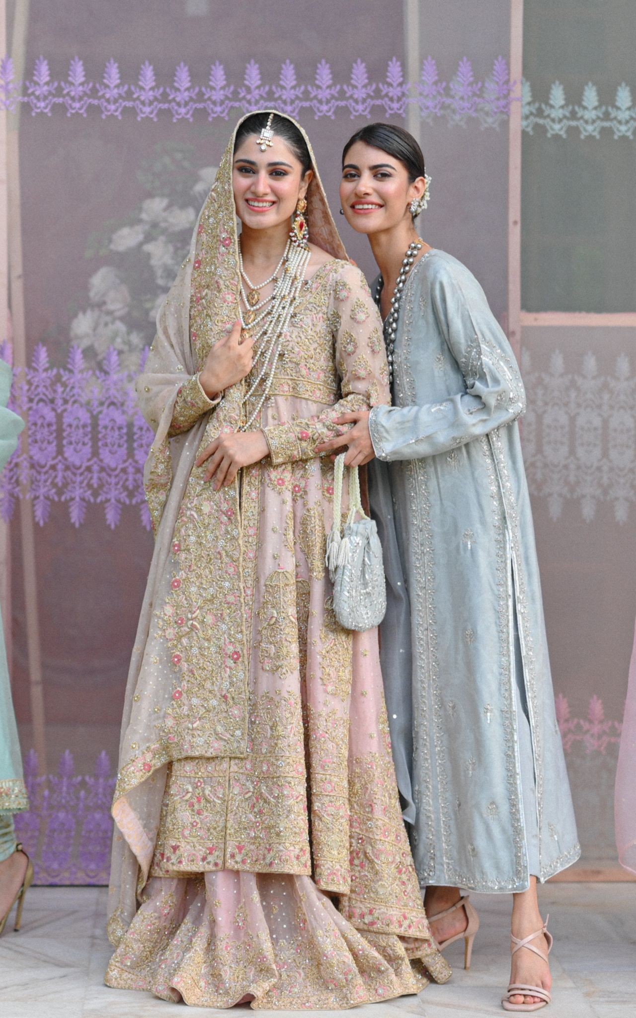 Pakistani Blush Pink Mughal Embroidered Net Silk Pishwas (2-Piece) - Image 3