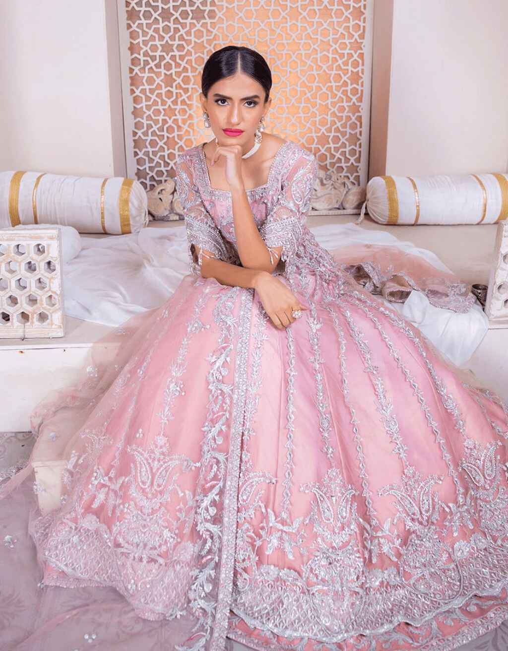 Powder Pink Embroidered Net Pishwas Dress (3-Piece) - Image 2