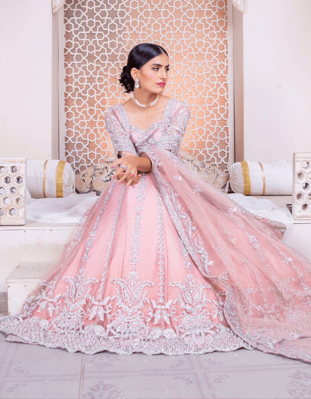 Powder Pink Embroidered Net Pishwas Dress (3-Piece) - Image 3