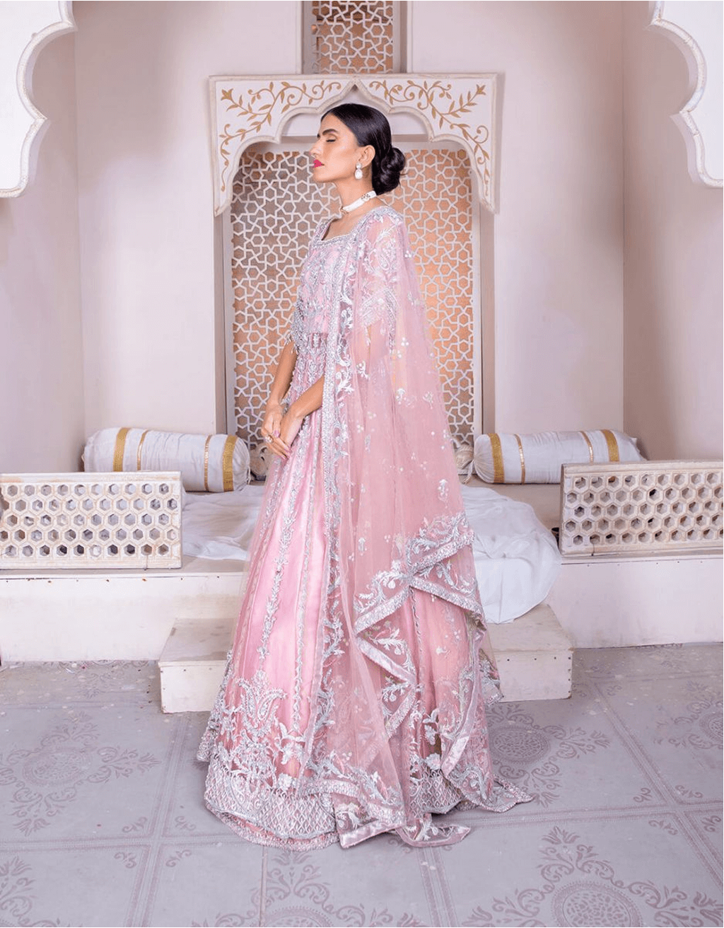 Powder Pink Embroidered Net Pishwas Dress (3-Piece) - Image 5