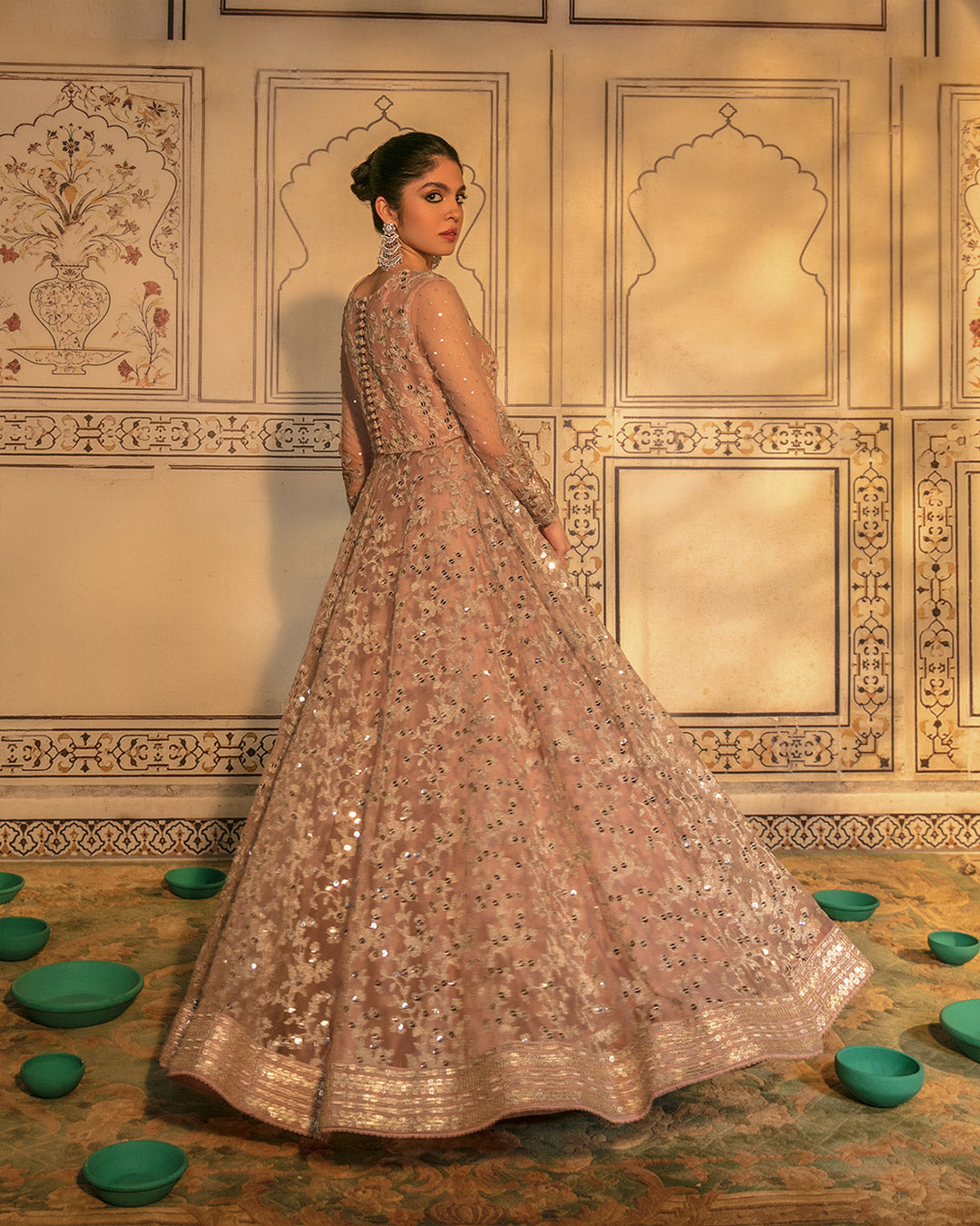 Pakistani Blush Pink Embroidered Net Pishwas Dress (3-Piece) - Image 3
