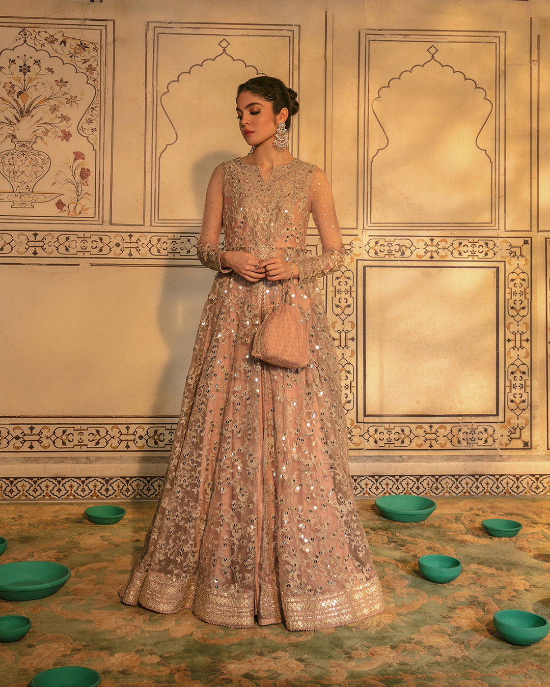 Pakistani Blush Pink Embroidered Net Pishwas Dress (3-Piece) - Image 4