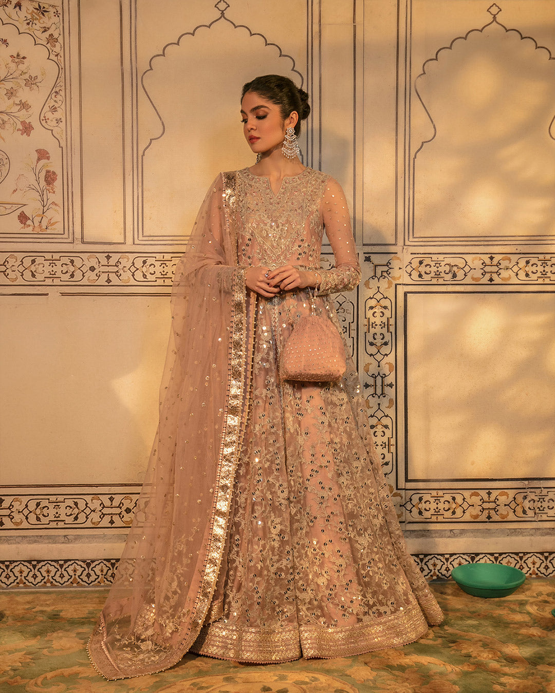 Pakistani Blush Pink Embroidered Net Pishwas Dress (3-Piece) - Image 1