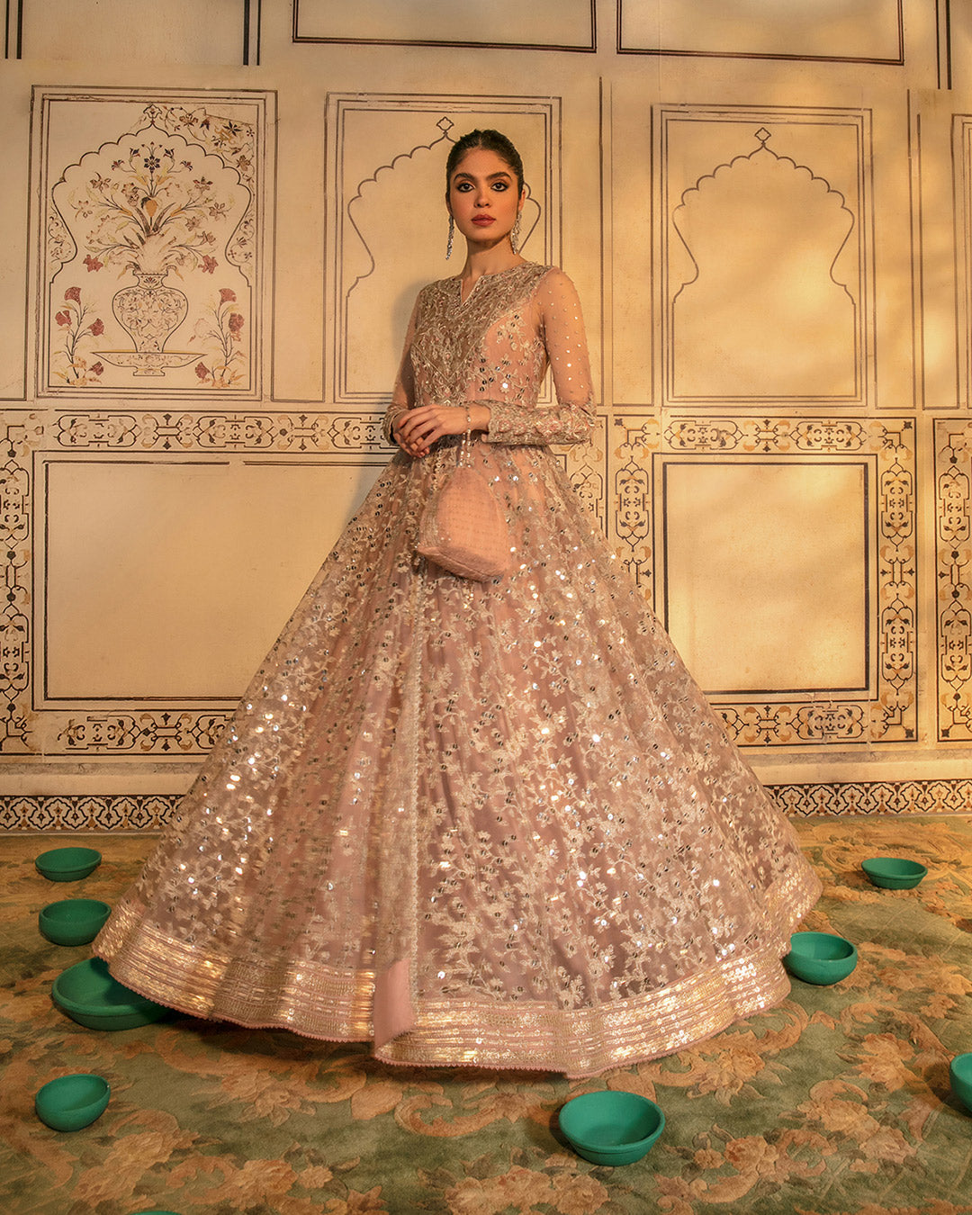 Pakistani Blush Pink Embroidered Net Pishwas Dress (3-Piece) - Image 2