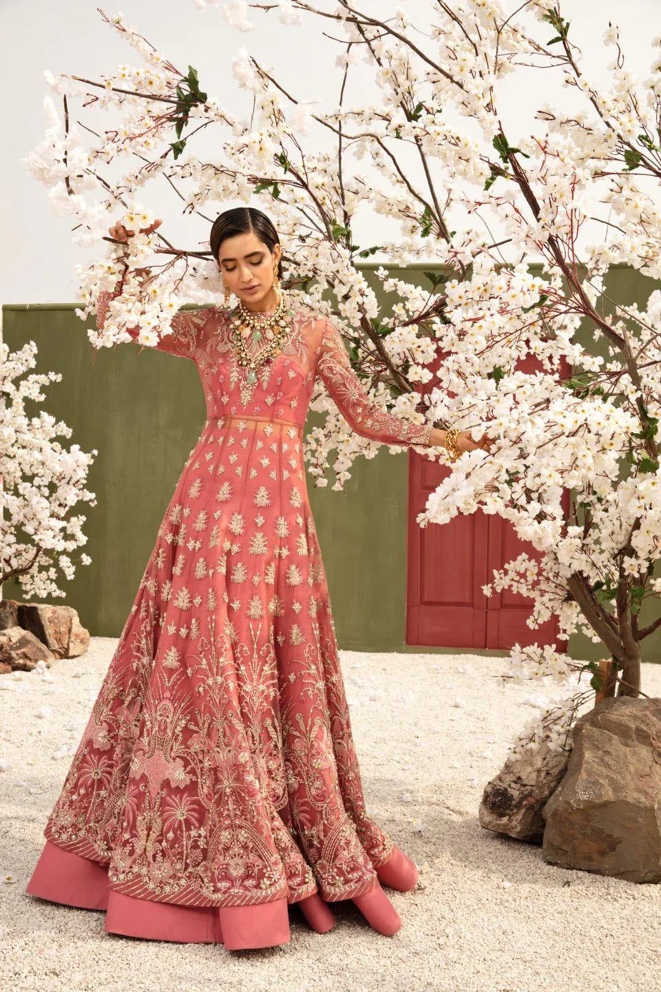 Radiant Pink Embroidered Net Pishwas Dress (3-Piece) - Image 1