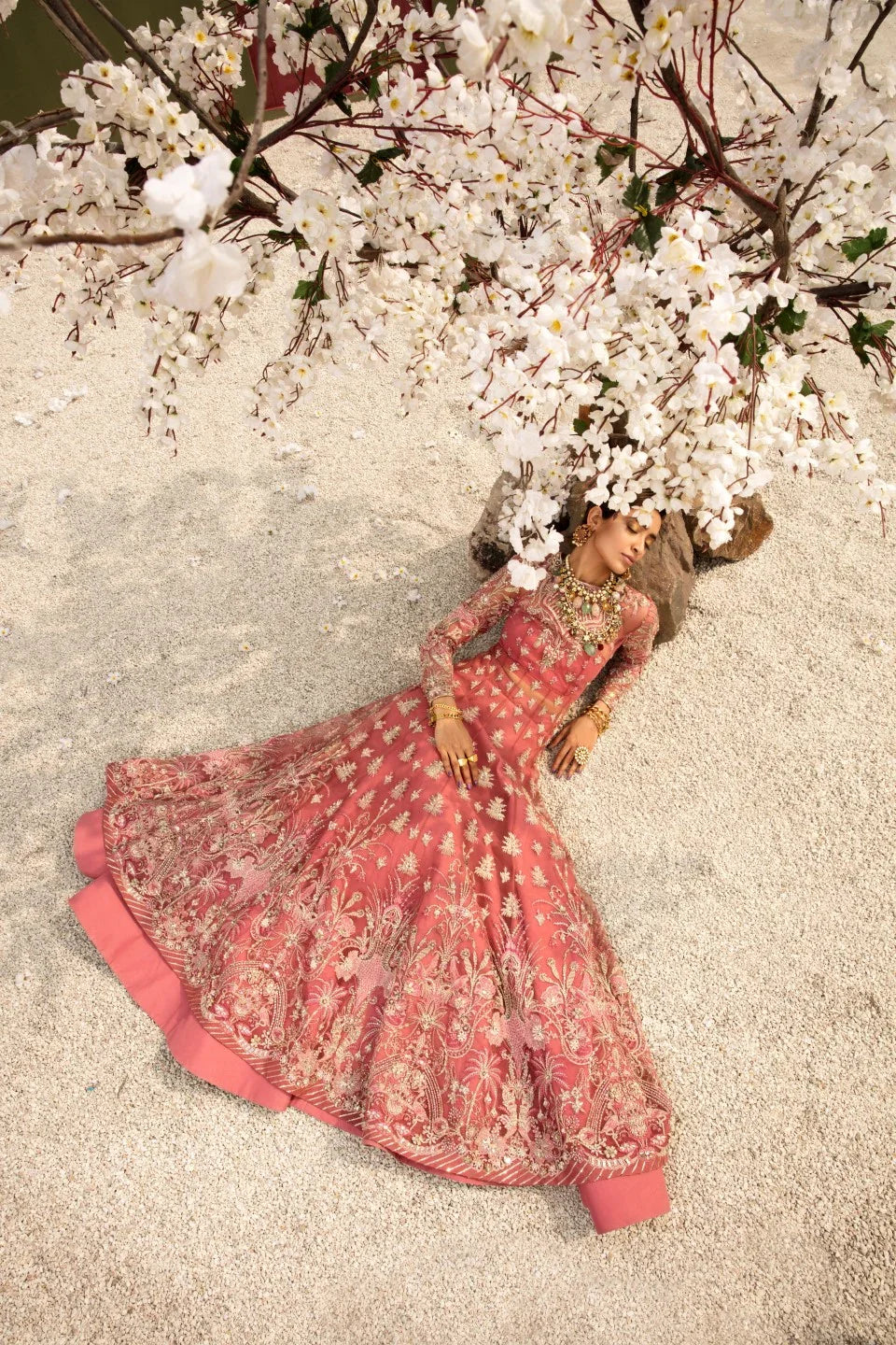 Radiant Pink Embroidered Net Pishwas Dress (3-Piece) - Image 3