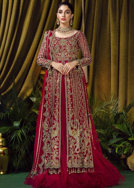 Ruby Pink Embroidered Net Pishwas Dress (2-Piece) - Image 2