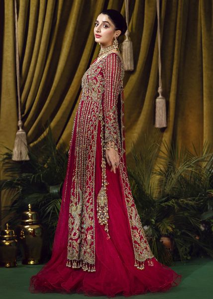 Ruby Pink Embroidered Net Pishwas Dress (2-Piece) - Image 3