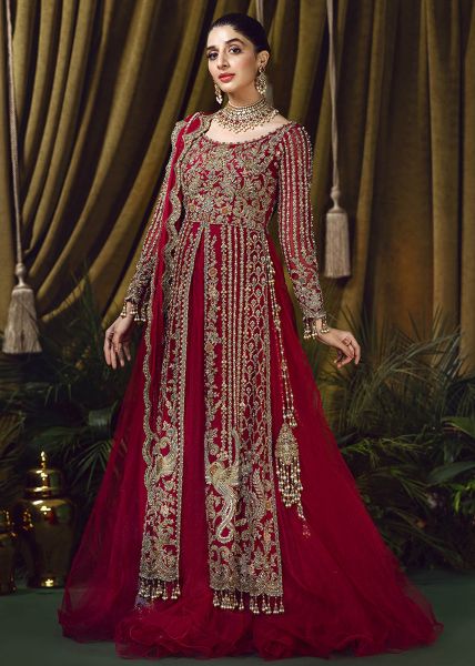 Ruby Pink Embroidered Net Pishwas Dress (2-Piece) - Image 4