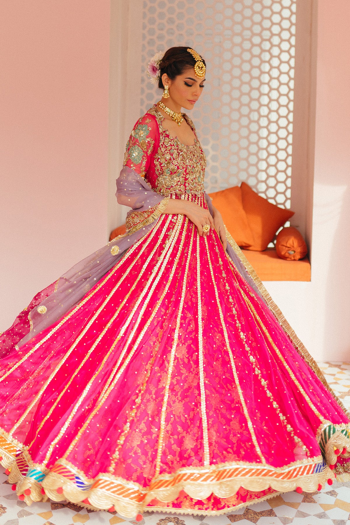 Shocking Pink Embroidered Net Pishwas Dress (3-Piece) - Image 1