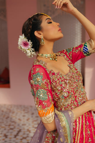 Shocking Pink Embroidered Net Pishwas Dress (3-Piece) - Image 4