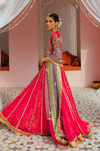 Shocking Pink Embroidered Net Pishwas Dress (3-Piece) - Image 5