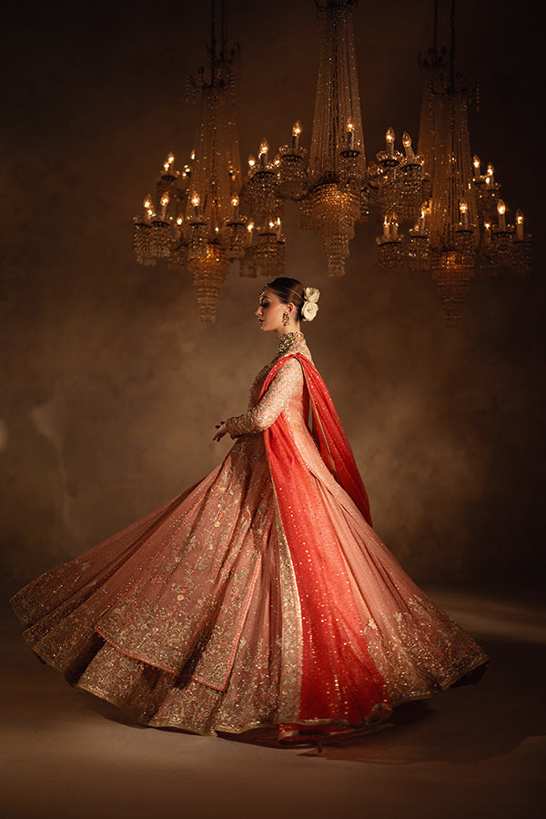 Peach Coral Embroidered Net Bridal Pishwas (3-Piece) - Image 2