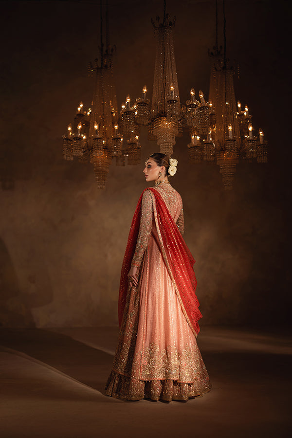 Peach Coral Embroidered Net Bridal Pishwas (3-Piece) - Image 4