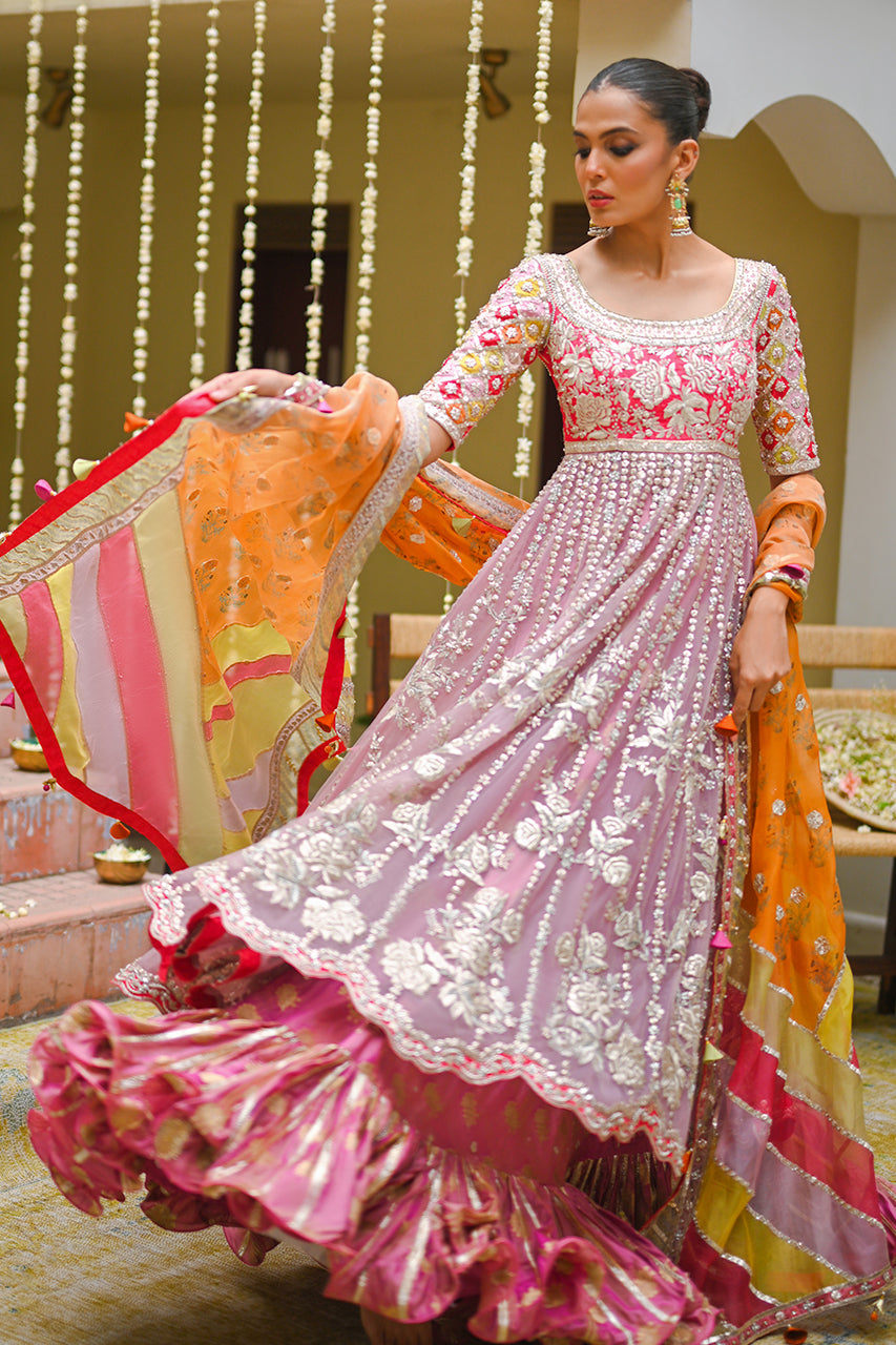 Pink Embroidered Net Pishwas Dress (3-Piece) - Image 1