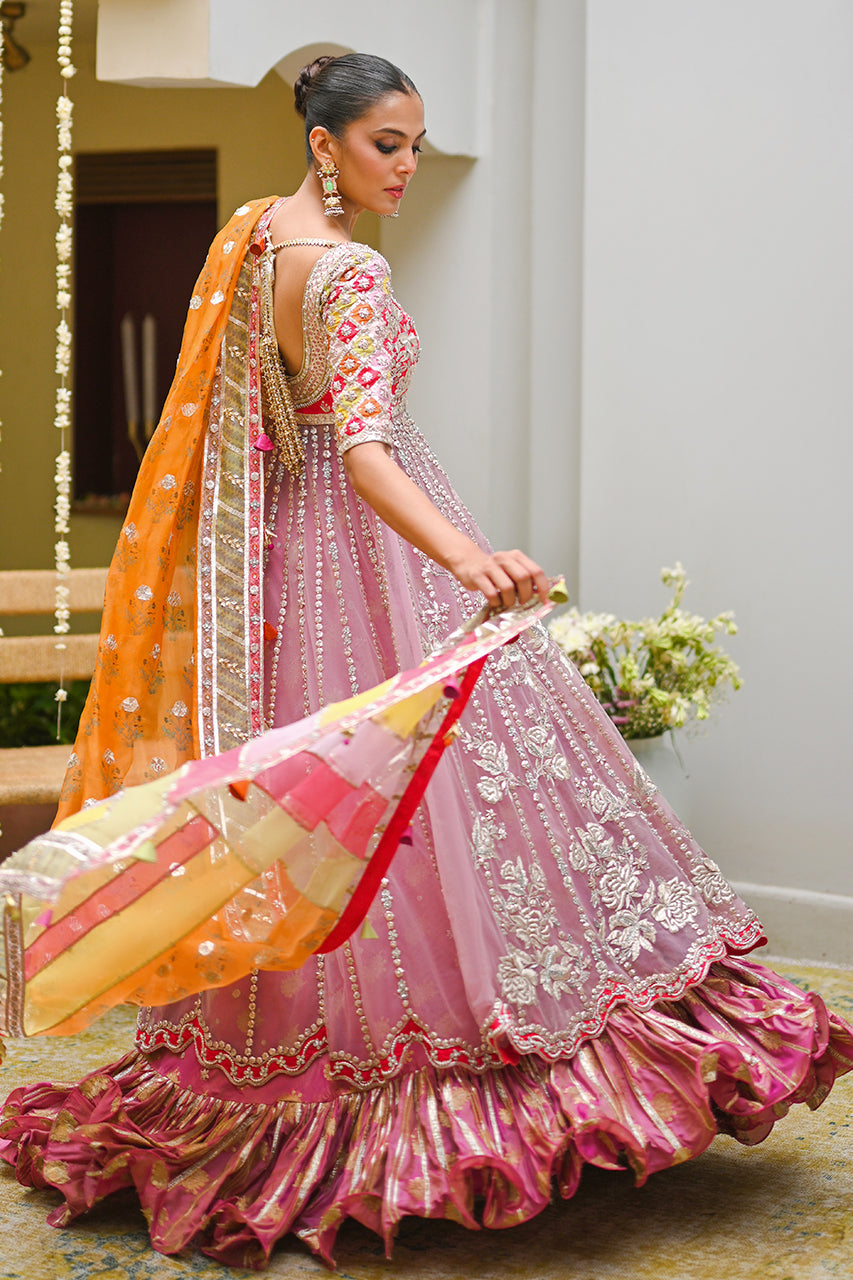 Pink Embroidered Net Pishwas Dress (3-Piece) - Image 2