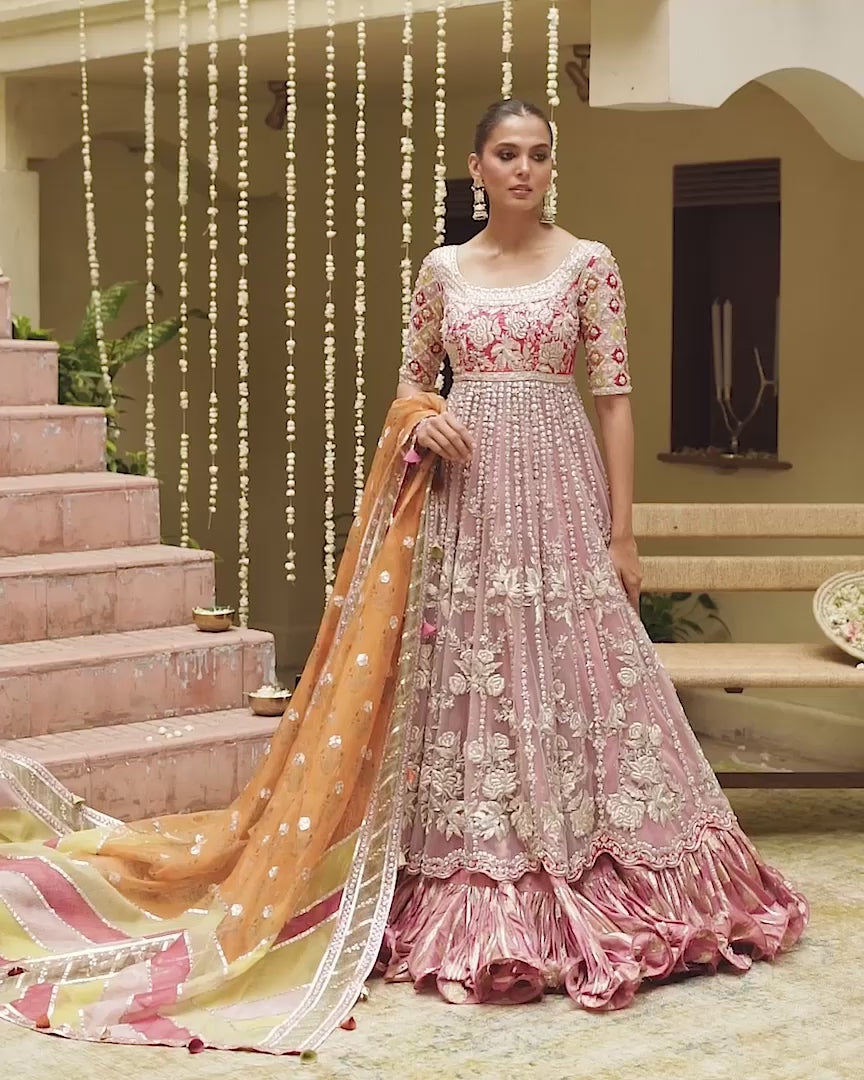 Pink Embroidered Net Pishwas Dress (3-Piece) - Image 5