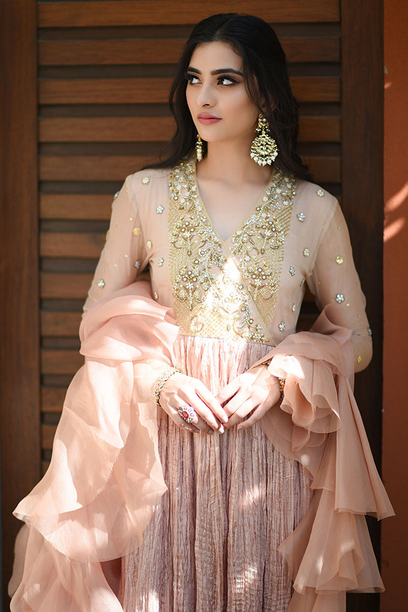 Chai Pink Handworked Net Pishwas Dress (2-Piece) - Image 5