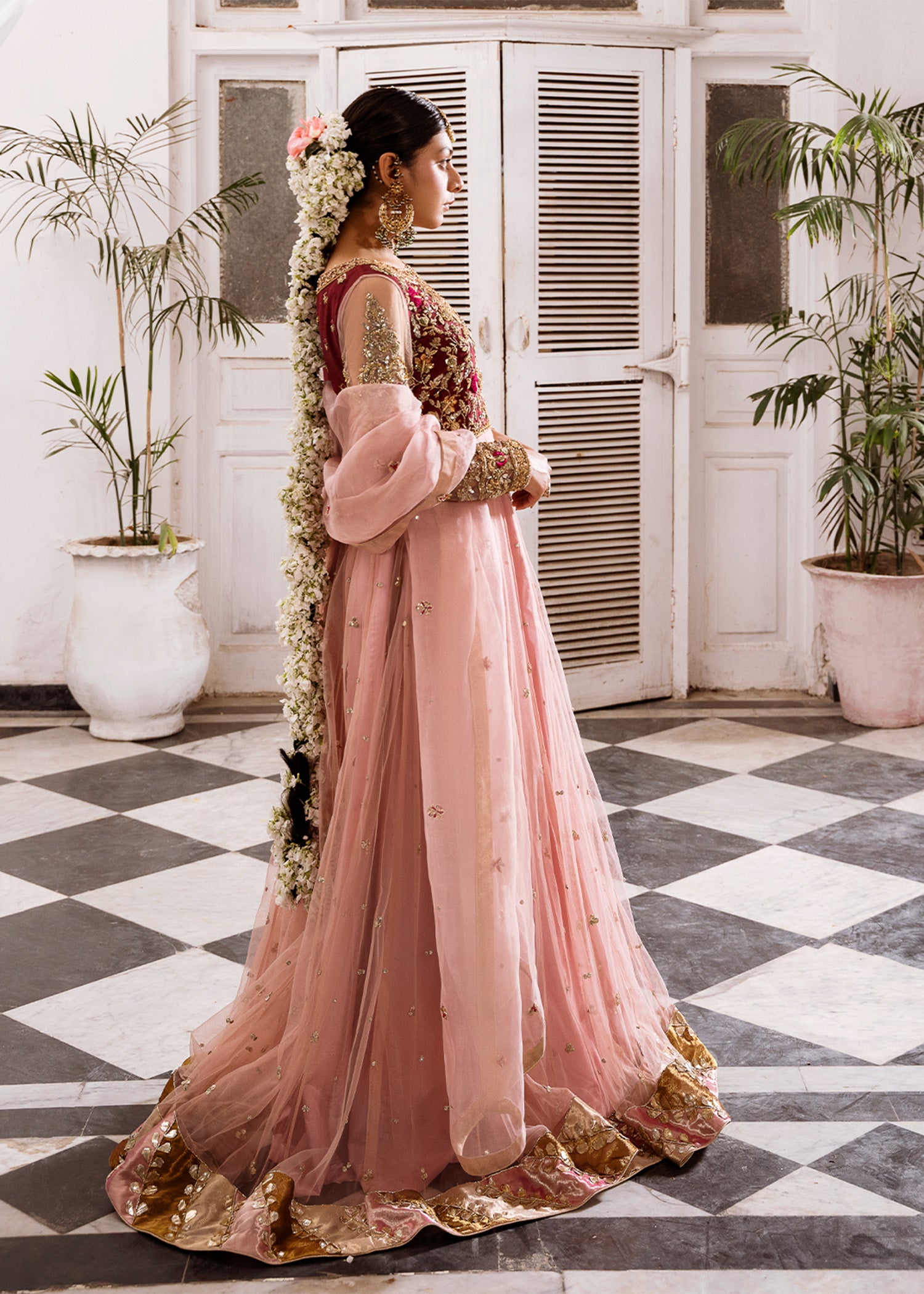 Blush Pink Hand Embroidered Net Pishwas (3-Piece) - Image 1