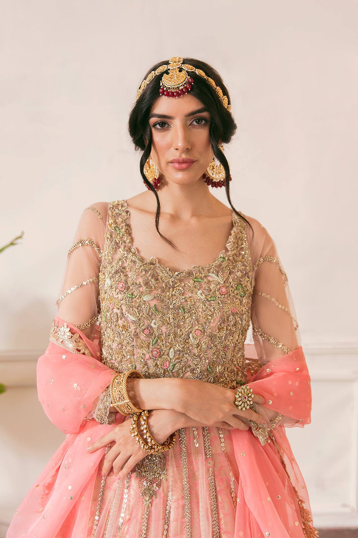 Pakistani Coral Pink Adda Work Net & Jamawar Pishwas (2-Piece) - Image 3