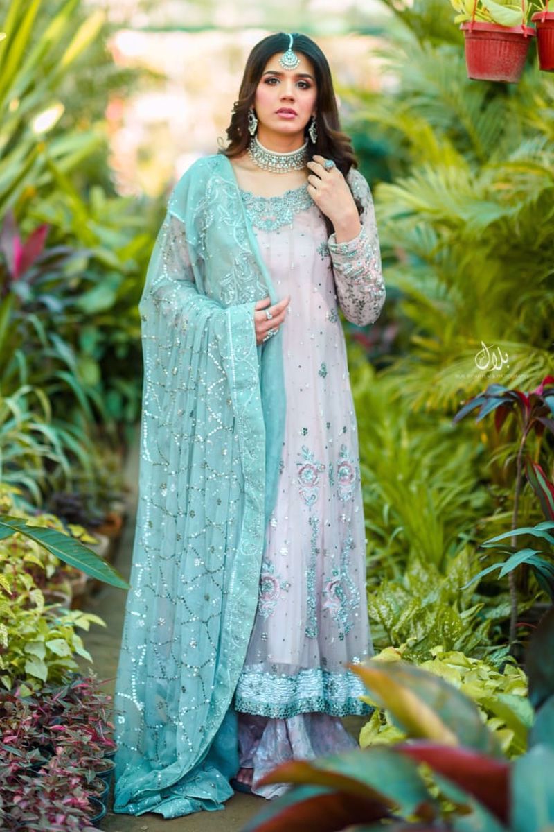 Tea Rose Pink Kamdani Net Pishwas (3-Piece) - Image 1