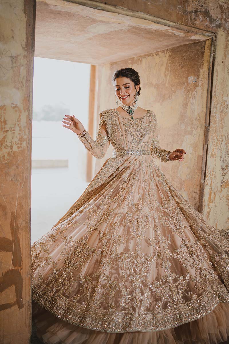 Peach Embroidered Net Pishwas Dress (3-Piece) - Image 6