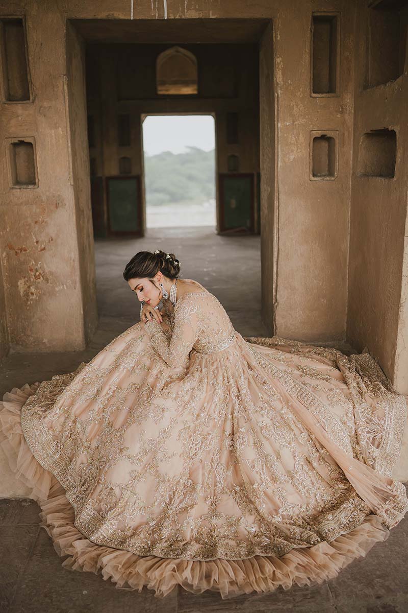 Pakistani Peach Embroidered Net Pishwas Dress (3-Piece) - Image 1