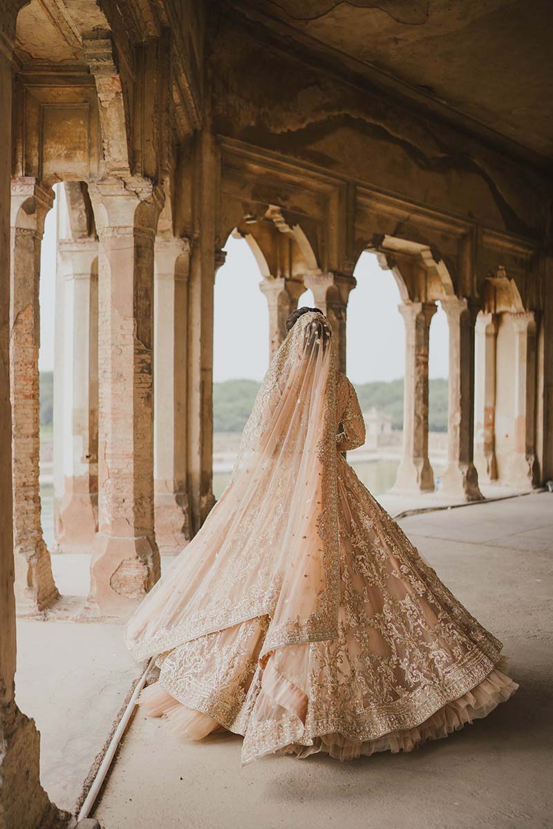 Pakistani Peach Embroidered Net Pishwas Dress (3-Piece) - Image 2