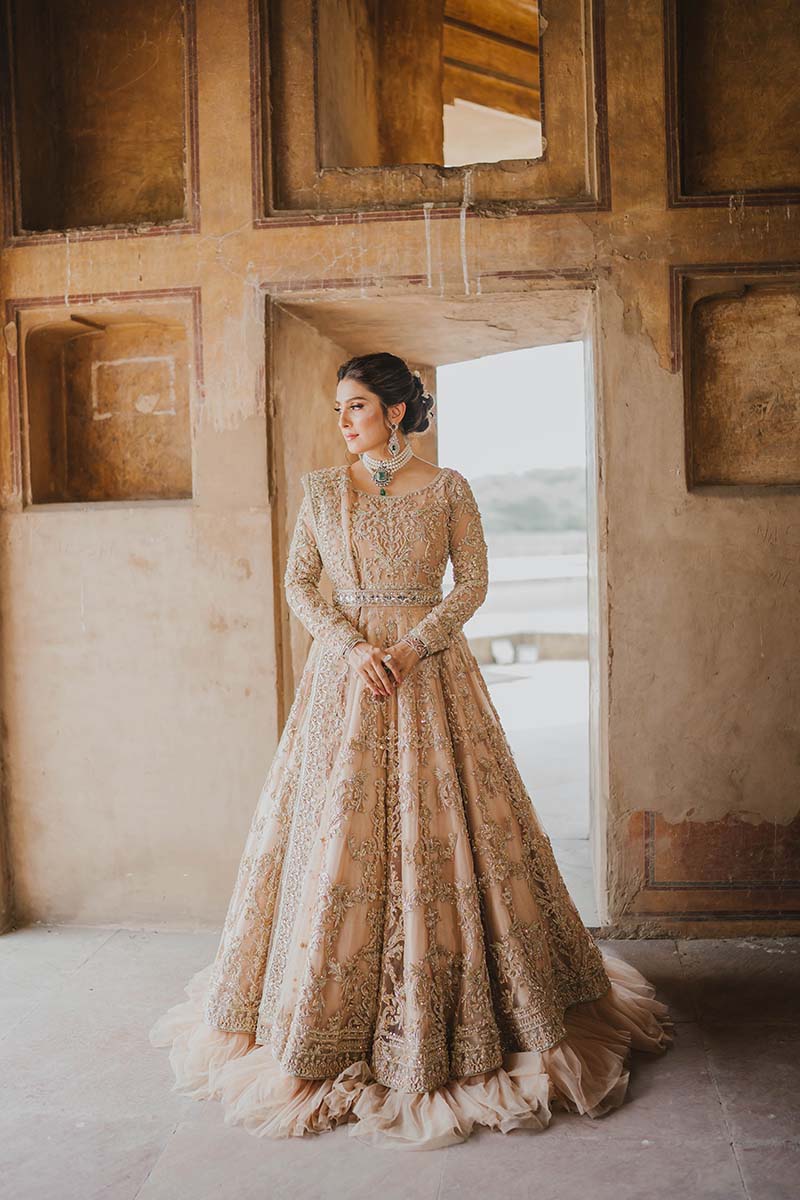 Pakistani Peach Embroidered Net Pishwas Dress (3-Piece) - Image 4