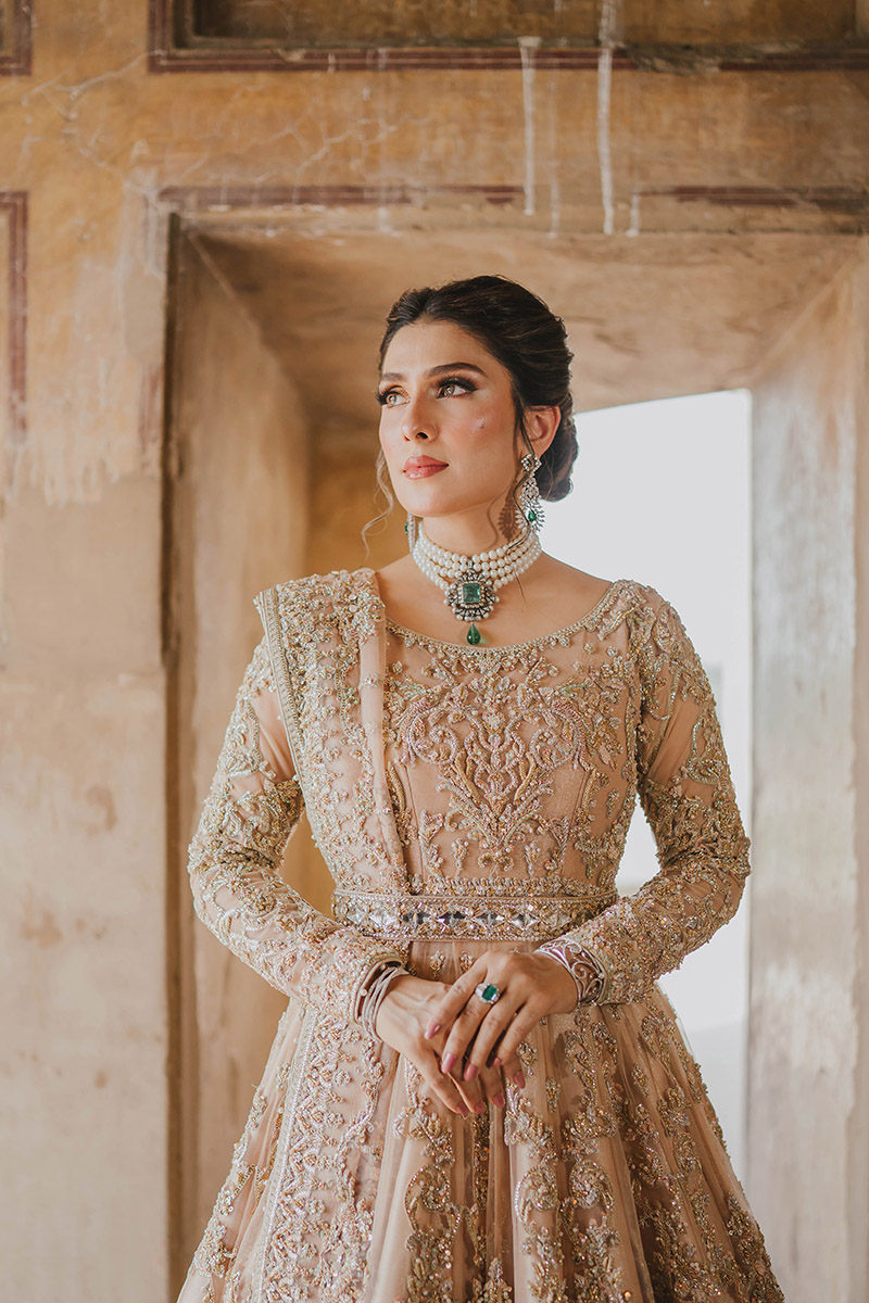 Pakistani Peach Embroidered Net Pishwas Dress (3-Piece) - Image 5