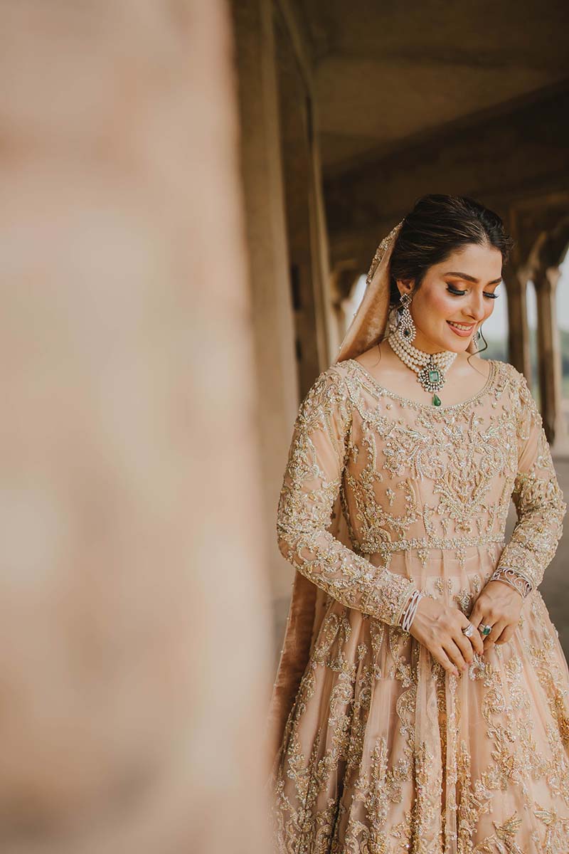 Pakistani Peach Embroidered Net Pishwas Dress (3-Piece) - Image 7