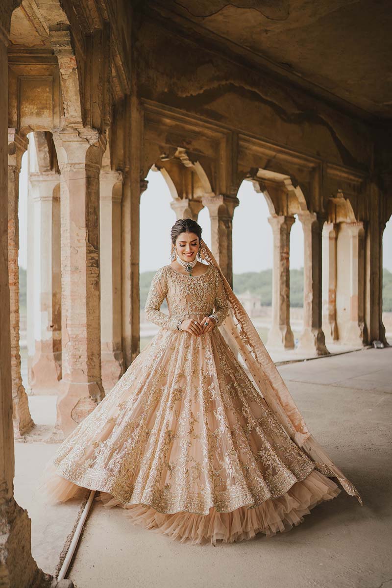 Pakistani Peach Embroidered Net Pishwas Dress (3-Piece) - Image 9