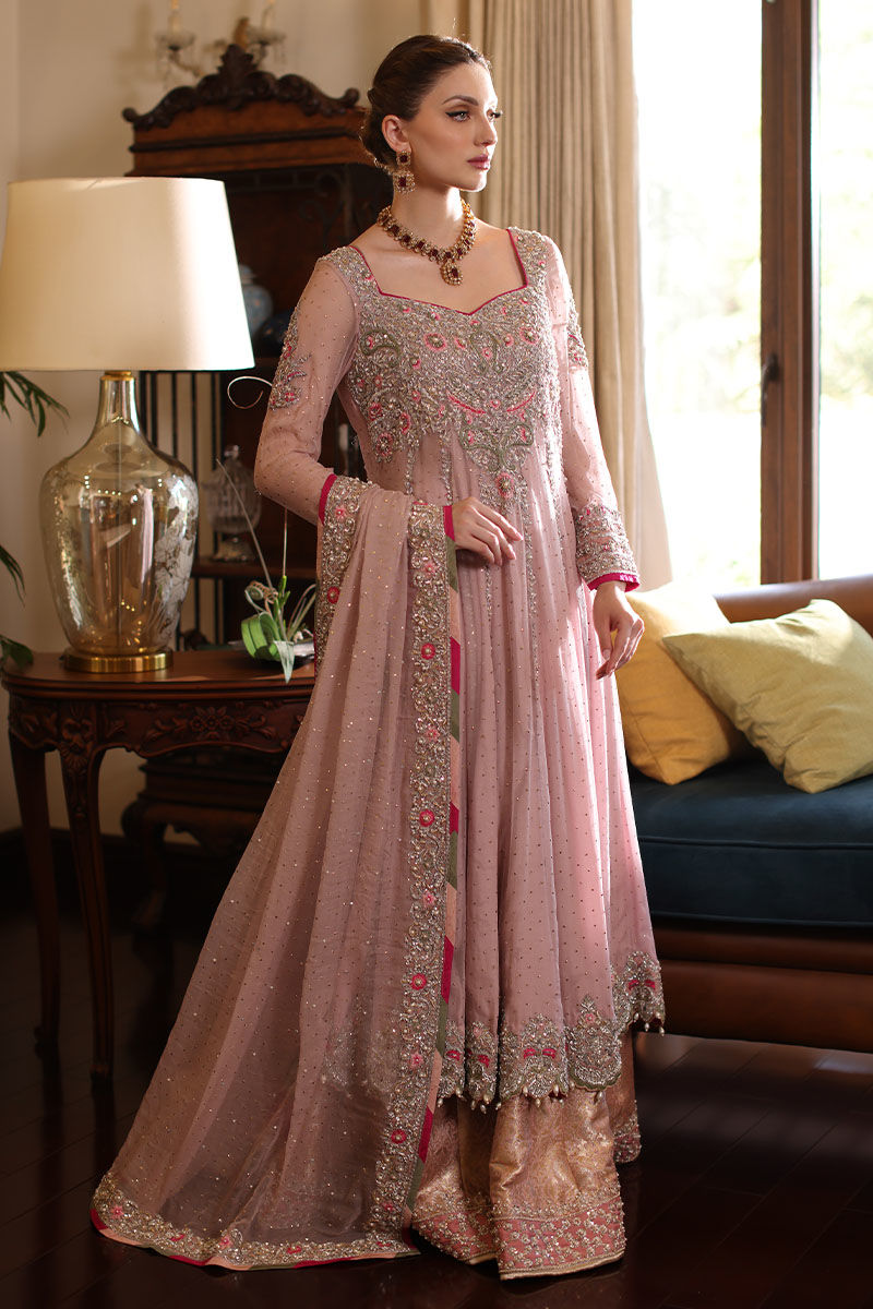 Lilac Pink Mukaish Kaamdani Net Pishwas (3-Piece) - Image 1