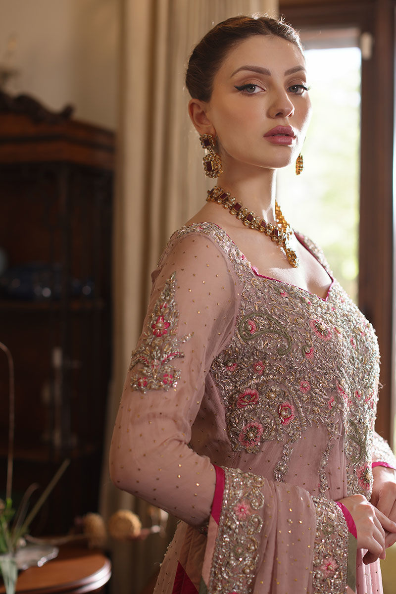 Lilac Pink Mukaish Kaamdani Net Pishwas (3-Piece) - Image 11