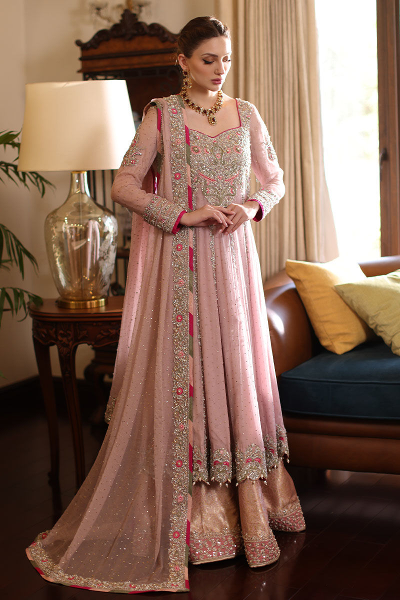 Lilac Pink Mukaish Kaamdani Net Pishwas (3-Piece) - Image 3