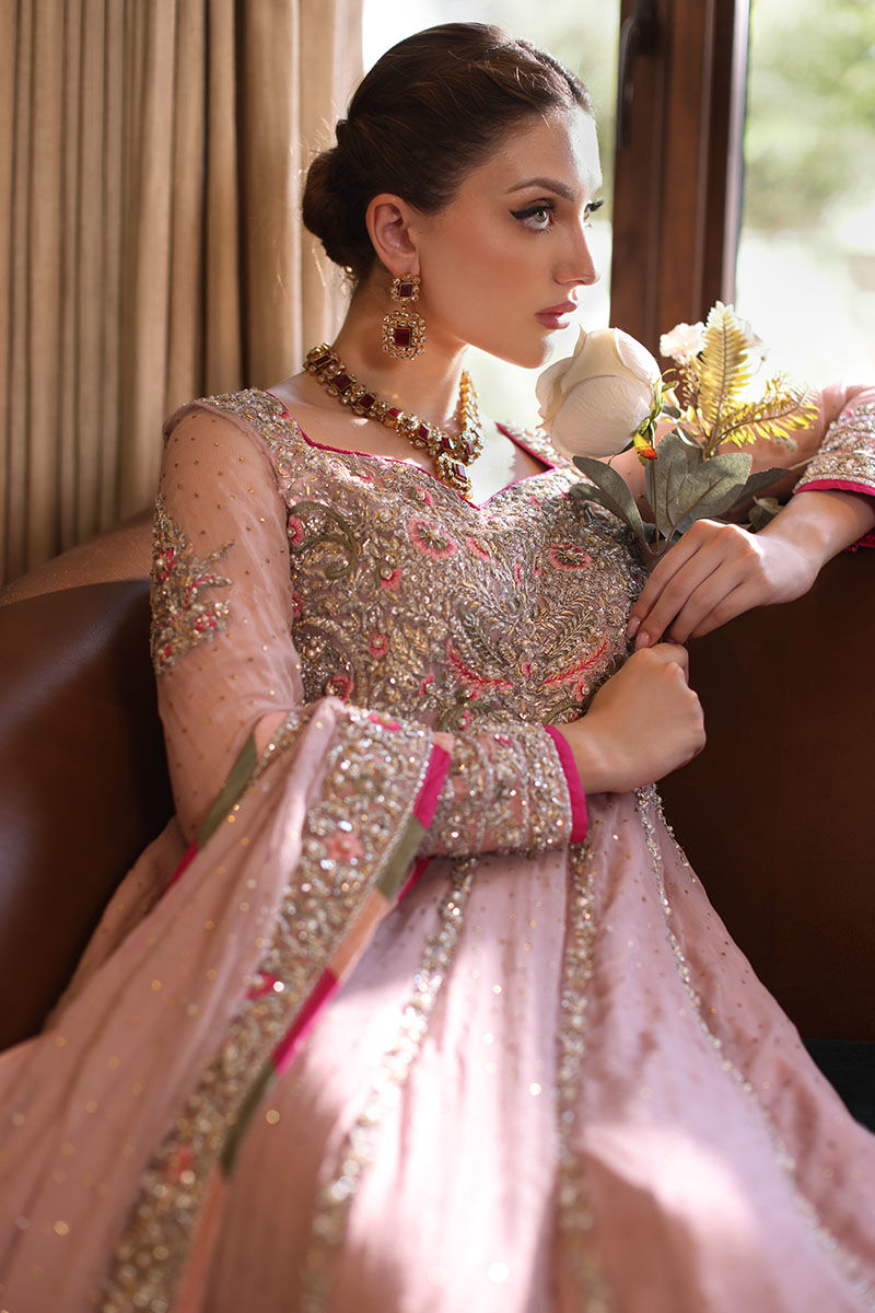 Lilac Pink Mukaish Kaamdani Net Pishwas (3-Piece) - Image 4