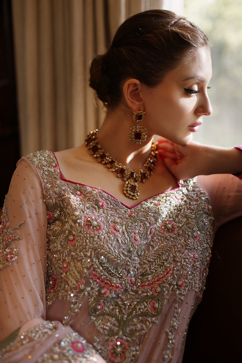 Lilac Pink Mukaish Kaamdani Net Pishwas (3-Piece) - Image 6